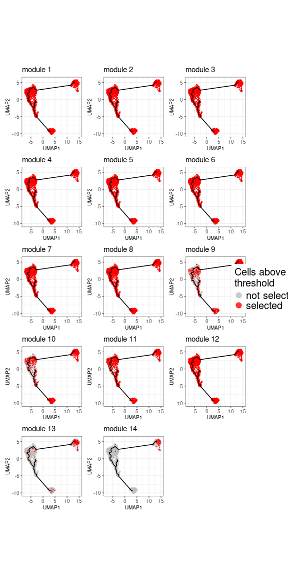 UMAP distribution of the populations defined by each gene module. The cells that express at least one gene from the module are highlighted in red.