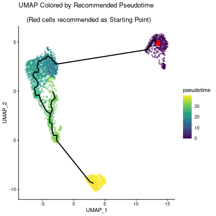 UMAP distribution of the recommended pseudotime (the recommended starting point is highlighted in red).